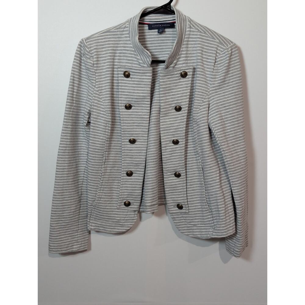 Tommy Hilfiger Women's Medium Military Band Button Up Jacket Gray Striped Top